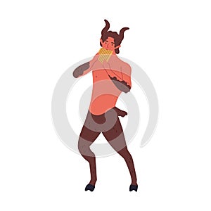 Greek mythology creature satyr vector flat illustration. Cartoon fantasy hero playing on pan flute isolated on white