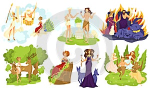 Greek mythology gods and goddesses, set of cartoon characters, vector illustration