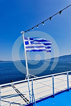 Greek National Flag Flying on Back of Boat, Greece