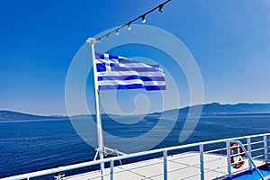 Greek National Flag Flying on Back of Boat, Greece