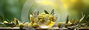 Greek olive oil in glass transparent bowl with branches with leaves and olives on the natural background. Generative Ai