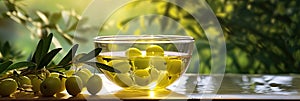 Greek olive oil in glass transparent bowl with branches with leaves and olives on the natural background. Generative Ai