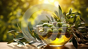 Greek olive oil in glass transparent bowl with branches with leaves and olives on the natural background. Generative Ai