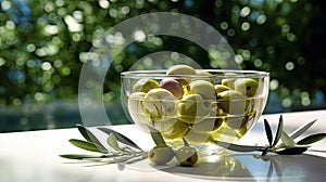 Greek olive oil in glass transparent bowl with branches with leaves and olives on the natural background. Generative Ai