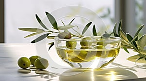 Greek olive oil in glass transparent bowl with branches with leaves and olives on the natural background. Generative Ai