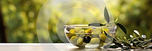 Greek olive oil in glass transparent bowl with branches with leaves and olives on the natural background. Generative Ai