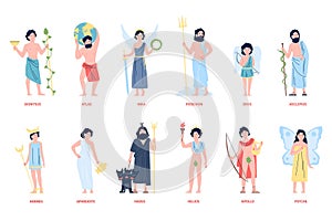 Greek olympian gods and goddess. Mythology of Greece cartoon characters. Cute Eros and Psyche, Aphrodite and Hermes