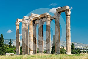 Greek Olympian Zeus temple, landscape with ancient ruins in Athens