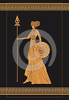 Greek orange and black amphora drawing of athena