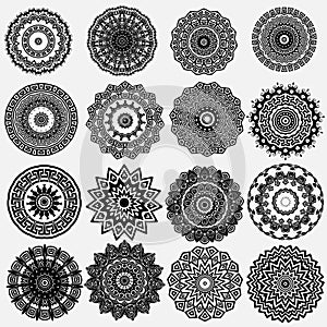 Greek ornamental black and white vector round mandala patterns set. Floral ornate background. Geometric greek key meanders ancient