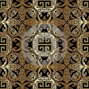 Greek ornamental gold vector seamless pattern. Baroque style ornate background. Greek key meanders ornaments. Vintage flowers,