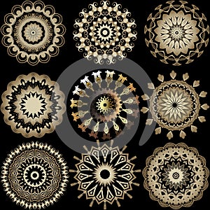 Greek ornamental vector round mandala patterns set. Floral ornate background. Geometric greek key meanders ancient ornaments.