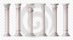 Greek pillars. Roman ancient columns from 3d marble greece temple, antique corinthian sculpture. Classic colonnade with