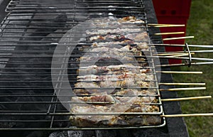 Greek pork souvlaki on grill