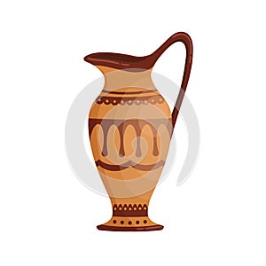 Greek pottery jug decorated by hellenic ornaments vector flat cartoon illustration. Traditional antique vessel with