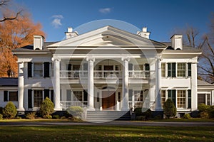 greek revival home showing detail of pediments and columns photo