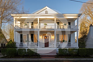 greek revival house with a front porch, sunshine lighting up the facade