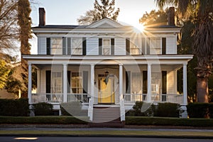 greek revival house with a front porch, sunshine lighting up the facade