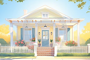 greek revival house with a front porch, sunshine lighting up the facade, magazine style illustration