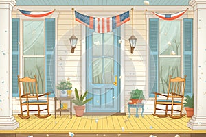 a greek revival porch under pelting rain, magazine style illustration