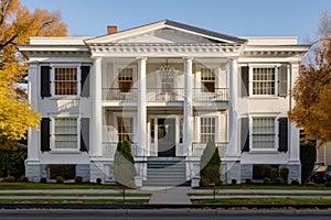 greek revival residential facade with pronounced pediments