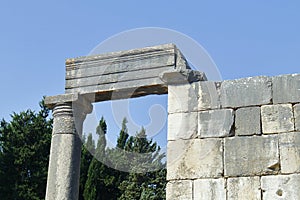 Greek-Roman  ancient ruins, abandoned places. Rock stone wall.