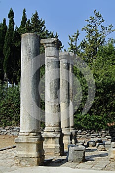 Greek-Roman  ancient ruins, abandoned places. Rock stone wall.