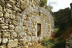 Greek-Roman  ancient ruins, abandoned places. Rock stone wall.