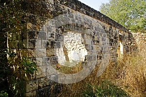 Greek-Roman  ancient ruins, abandoned places. Rock stone wall.