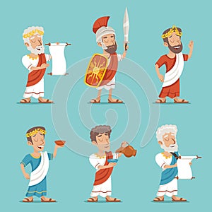 Greek Roman Retro Vintage Character Icon Set Cartoon Design Vector Illustration