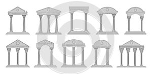 Greek and roman temples. Ancient pillars, line architecture buildings, pediment with Doric columns, building facade with