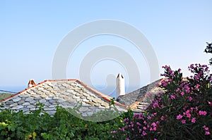 Greek roofs of houses and fuchsia flower and light blue sky. Can be used also as background.