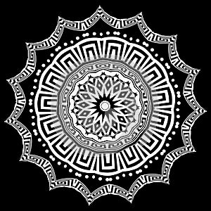 Greek round floral vector mandala pattern. Black and white design. Greek key meanders circle ornament with geometric shapes, frame