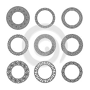 Greek round frames. Ancient circular mediterranean frame borders with hellenic pattern. Geometric mandala tattoo design photo