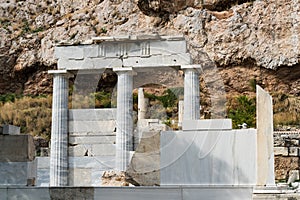 Greek ruins and columns in the Parthenon Acropolis of Athens