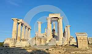 Greek ruins at the Temple of Aphaia on island of Egina ancient roman columns, golden hour historic remains, Greece Mediterranean