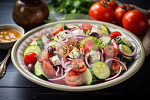 Greek salad, artistically arranged in a bowl atop a rustic wooden tabletop. Ai generated