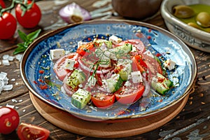 Greek Salad in Blue Plate, Villages Salad or Horiatiki with Tomatoes, Diced Cucumbers, Onion, Feta photo