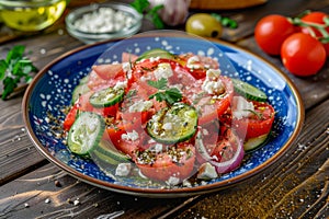 Greek Salad in Blue Plate, Villages Salad or Horiatiki with Tomatoes, Diced Cucumbers, Onion, Feta