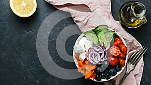 Greek Salad Bowl, copy space, top view