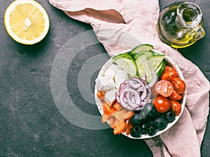 Greek Salad Bowl, copy space, top view