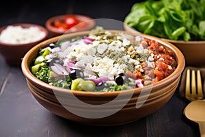 greek salad bowl with feta cheese on top