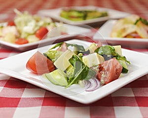 Greek salad with cheese, juicy tomatoes, red pepper, red onion, cucumber and lettuce
