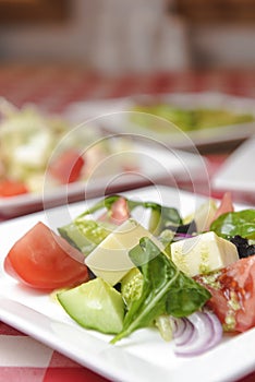 Greek salad with cheese, juicy tomatoes, red pepper, red onion, cucumber and lettuce