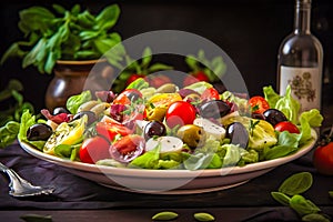 Greek salad with cherry tomatoes, black olives and basil leaves. Generative AI