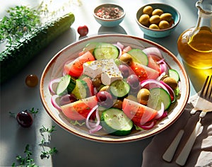 Greek salad of cucumbers, tomatoes, red onions, olives and olive oil on a plate