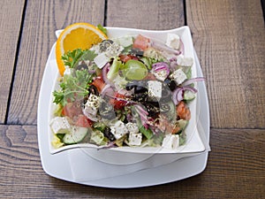 Greek Salad With Feta Cheese On A Table