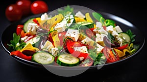 Greek salad with feta cheese, tomatoes, cucumbers, peppers and Kalamata olives. Healthy eating. Vegetarian food