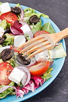 Greek salad with feta cheese and vegetables. Healthy lifestyles, food and nutrition concept