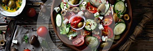 Greek salad fresh ingredients, olive oil dressing, top down view on wooden table in natural light